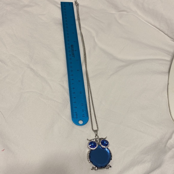 Owl necklace long chain pendant silver blue. New - Picture 5 of 6